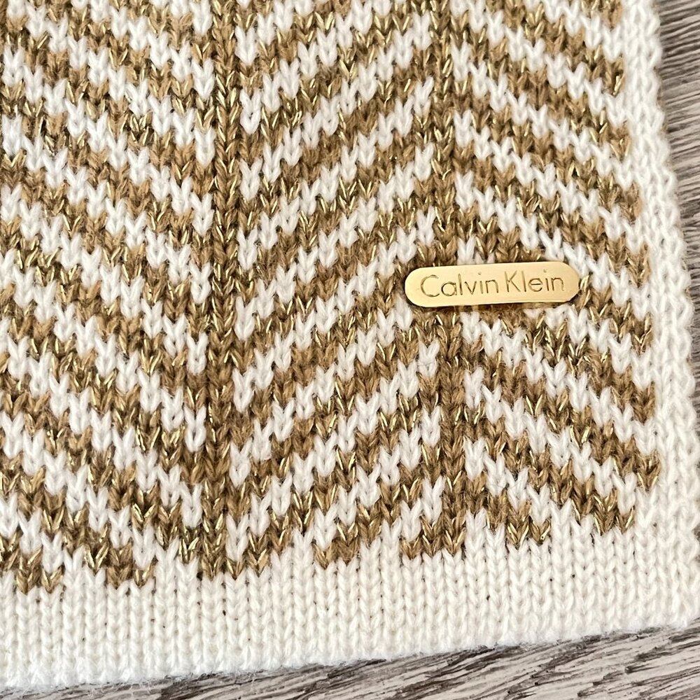 New Calvin Klein Hat Beanie Scarf Set Ivory Metallic Gold Herringbone Knit 2 Pc - Picture 6 of 10